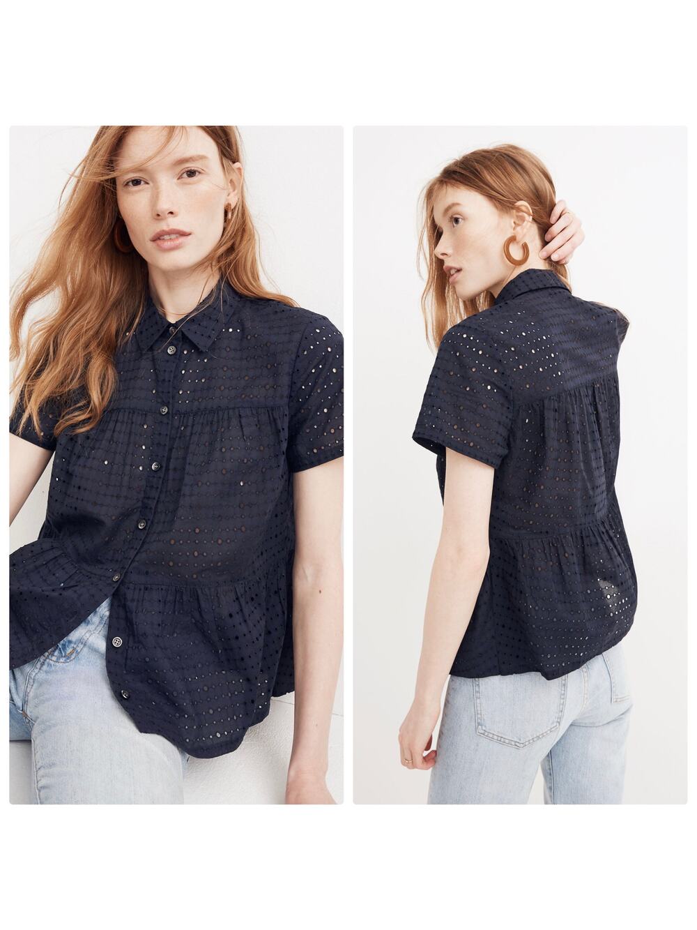 Madewell Navy Eyelet Button Front Top